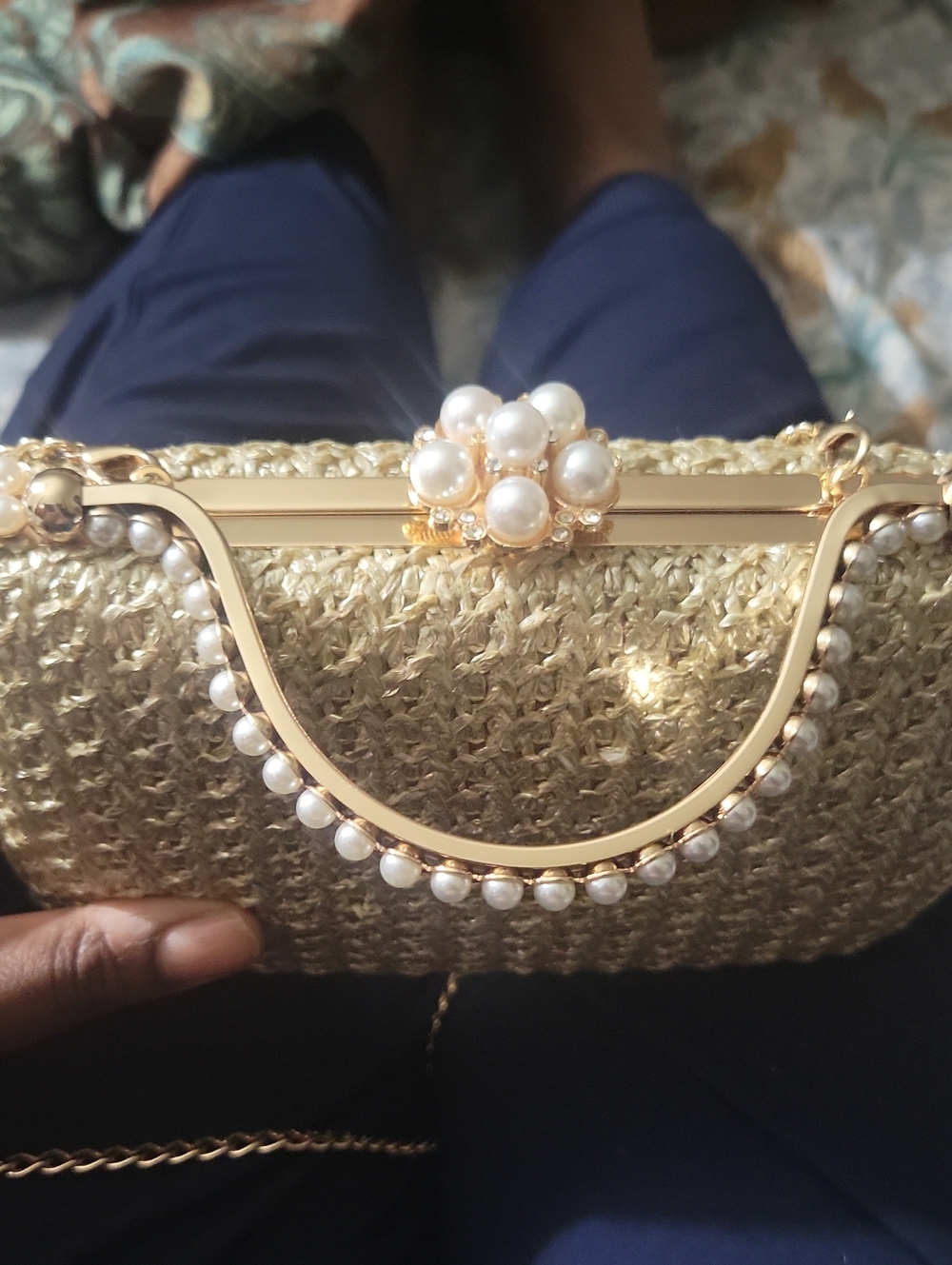 Elegant Gold Woven Evening Clutch with Pearl Trim
